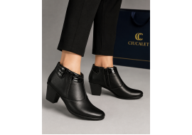 Botine damă negre din piele naturală, cu toc gros și inserții lăcuite – elegante și office MV4NBOX
